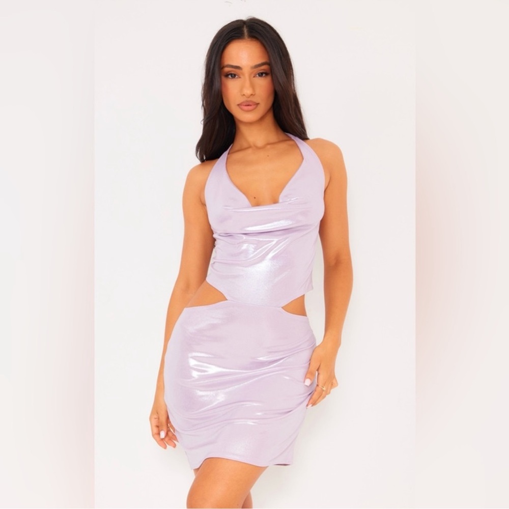 PLT Petite Lilac Metallic Cowl Neck Mini Cut Out Dress -  NWT